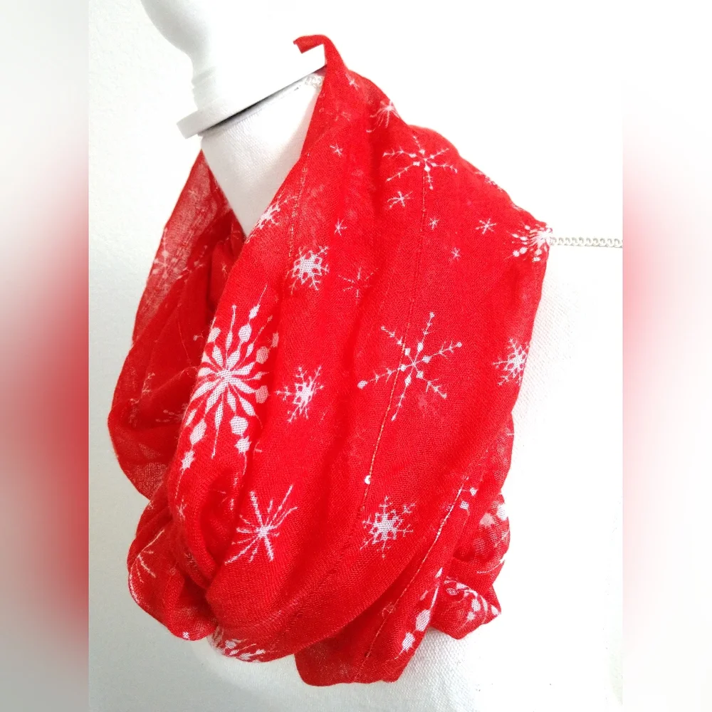 Red White Snowflake Infinity Fashion Scarf with Shimmer